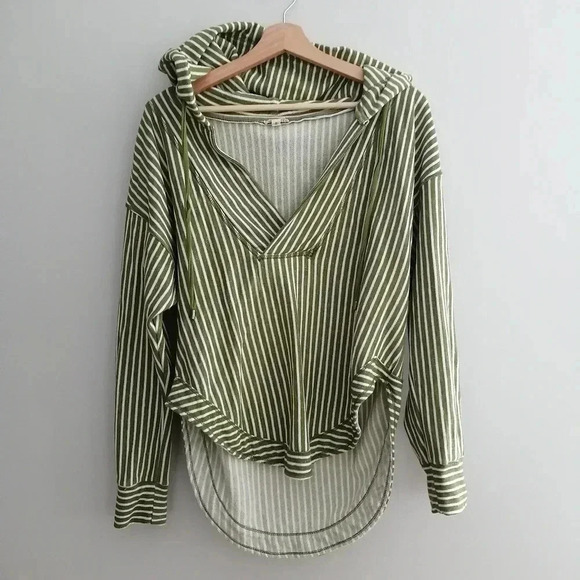 Anthropologie Pilcro Wharfside V Neck Hooded Sweatshirt Green White Stripe Small - Picture 4 of 16